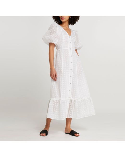 Puff sleeve midi dress white Clearance