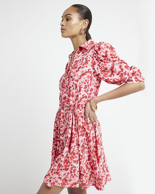 River Island Red Floral Belted Mini Shirt Dress