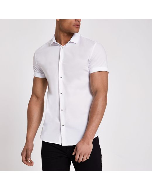 River Island White Muscle Fit Popper Button Shirt for men