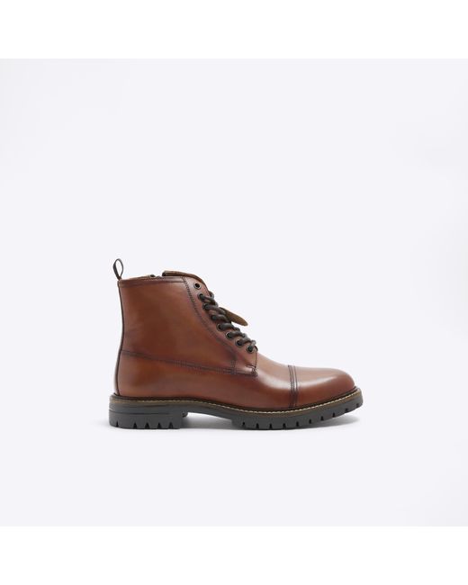 River Island Brown Leather Padded Collar Boots for men