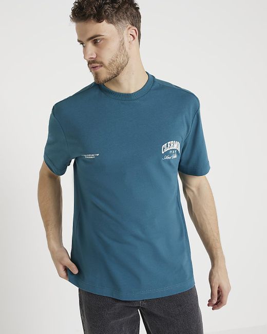 River Island Blue Green Regular Fit Embossed Graphic T-shirt for men