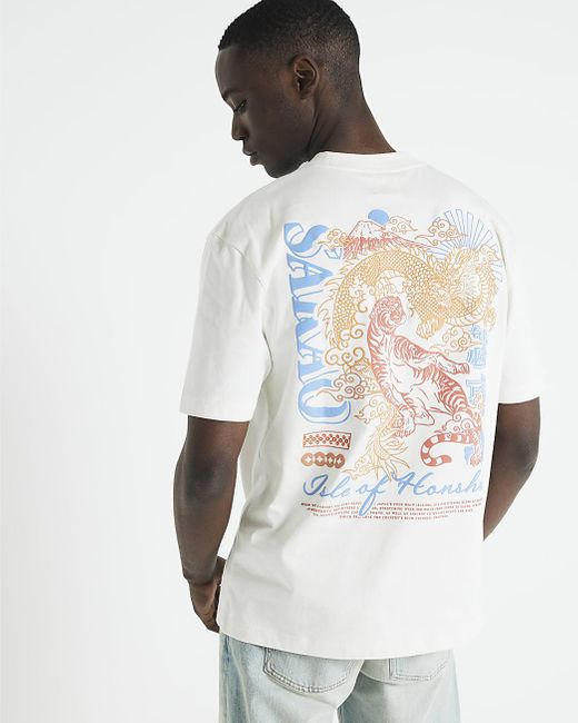 River Island Blue White Regular Fit Graphic T-shirt for men