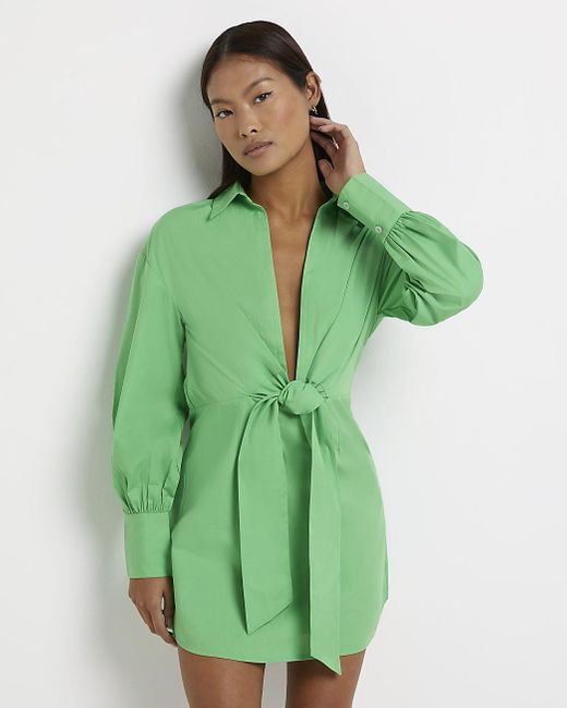 River Island Petite Green Tie Front Shirt Mini Dress | Lyst