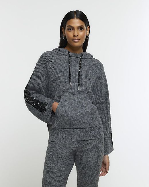 River Island Gray Grey Knitted Sequin Hoodie