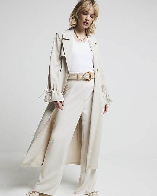 River Island Natural Cream Tie Cuff Belted Duster Coat