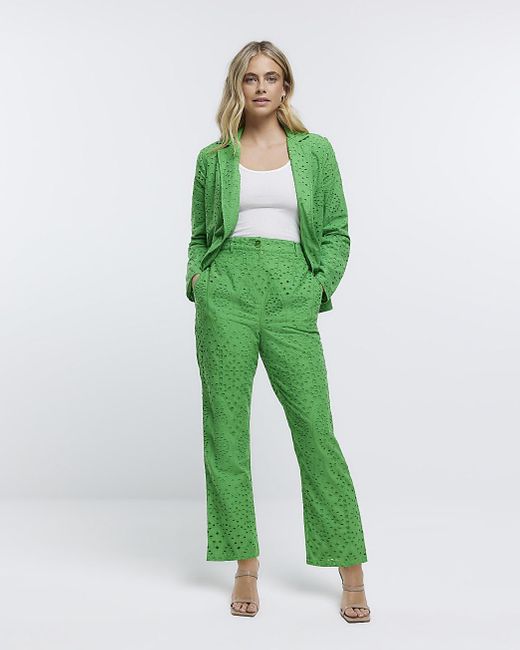 River Island Green Wide Leg Broderie Trousers