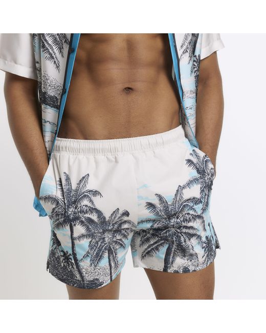River Island Blue Regular Fit Palm Print Swim Shorts for men