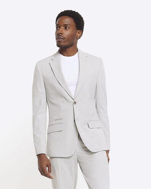 River Island White Grey Slim Fit Gingham Suit Jacket for men