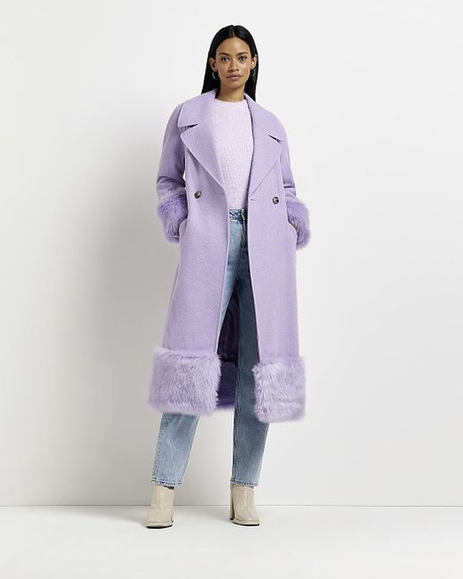 River Island Blue Purple Faux Fur Trim Longline Coat