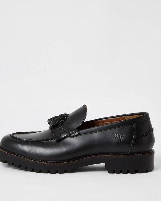 River Island Black Leather Tassel Fringe Chunky Loafers for men