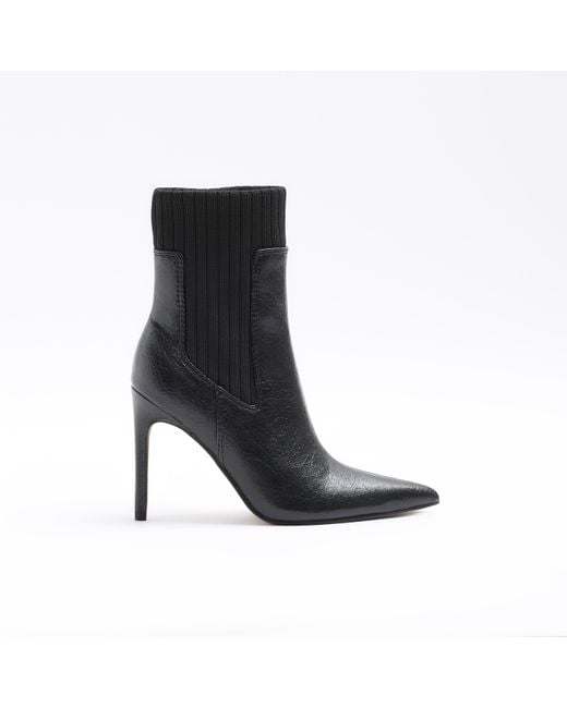 River Island Black Knit Detail Heeled Ankle Boots
