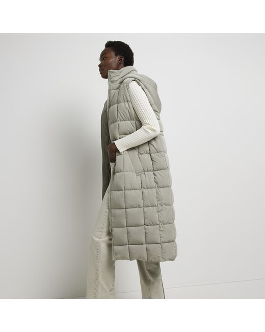 River Island Gray Grey Quilted Longline Hooded Gilet
