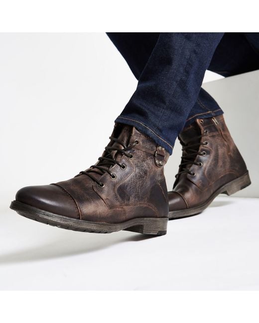 River Island Dark Brown Leather Lace-up Military Boots for Men | Lyst