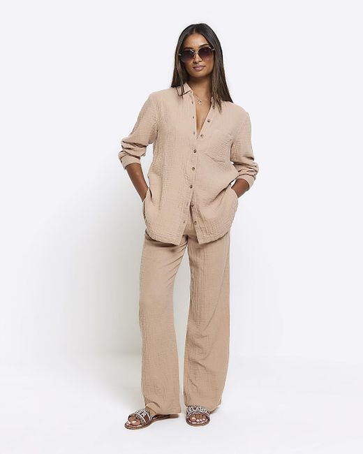 River Island Natural Textured Wide Leg Trousers
