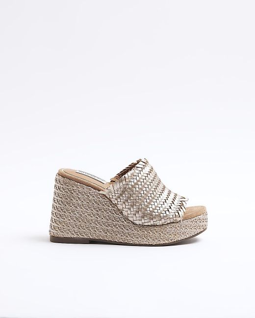 River Island White Brown Leather Woven Wedge Sandals
