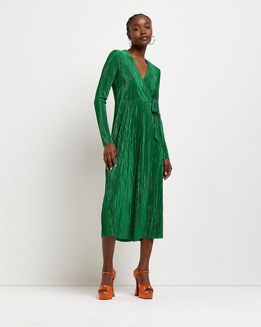 River Island Plisse Wrap Midi Dress in Green | Lyst UK