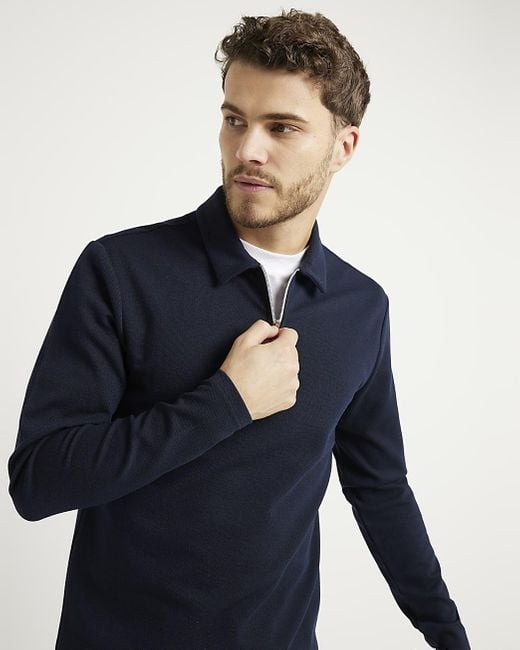 River Island Blue Navy Slim Fit Textured Half Zip Polo for men