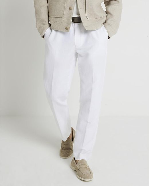 River Island White Linen Blend Smart Trousers for men