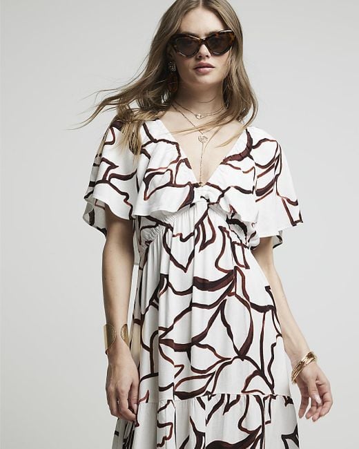 River Island White Abstract Frill Sleeve Smock Maxi Dress