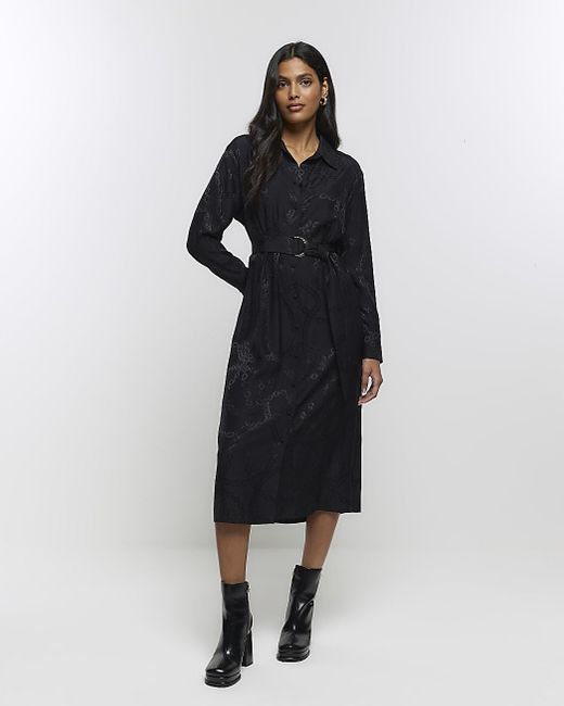 River Island Black Chain Print Belted Midi Shirt Dress Lyst