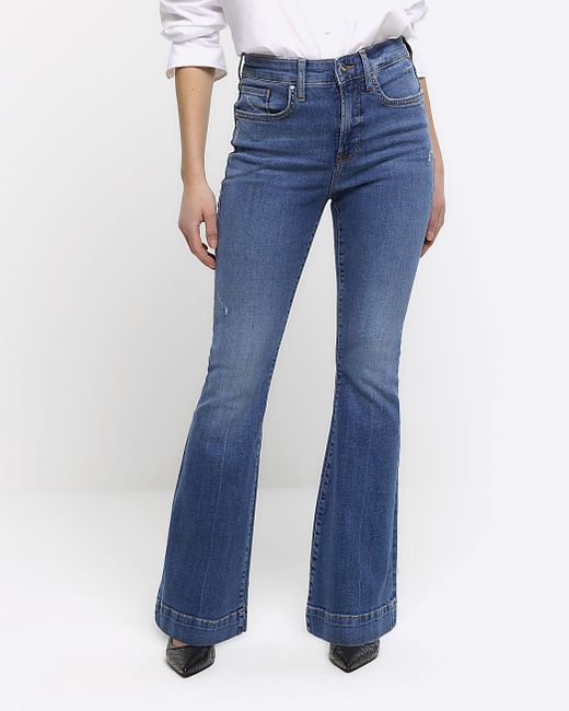 River Island Petite Blue Mid Rise Flared Jeans