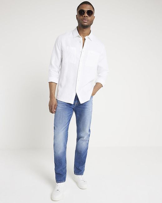 River Island Blue Slim Fit Faded Jeans for men