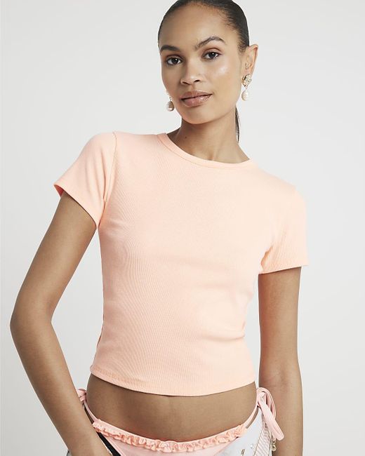 River Island White Pink Ribbed Cropped T-shirt
