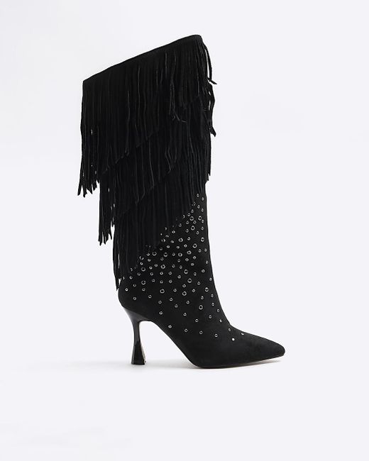 River Island Black Suede Studded High Leg Boots Lyst
