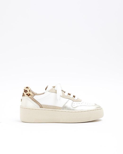 River Island White Gold Panel Leather Leopard Print Trainers
