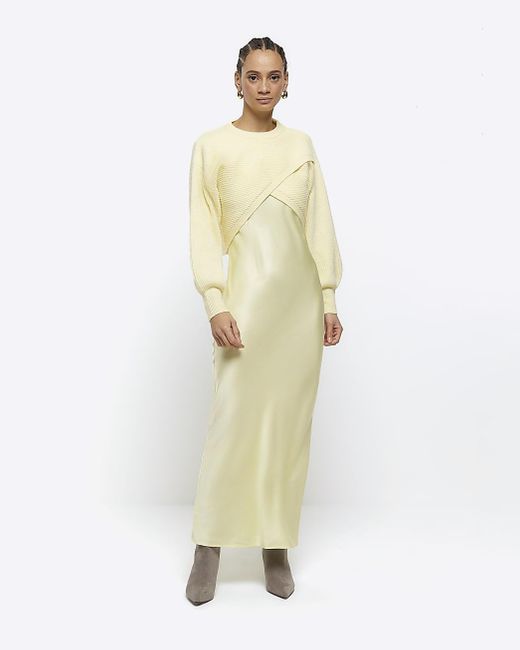 River Island White Yellow Satin Hybrid Slip Midi Dress