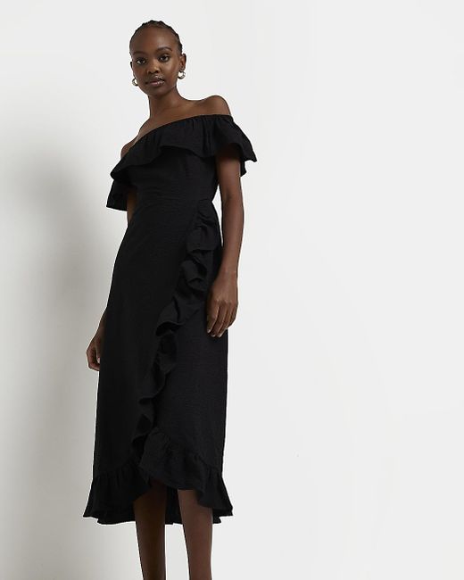River Island Black Bardot Frill Midi Dress | Lyst