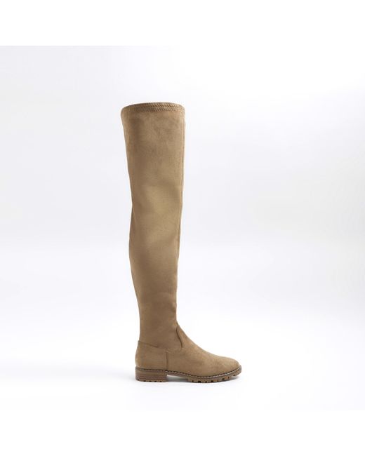River Island White Beige Suedette Over The Knee Boots