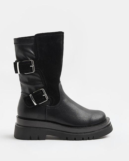 River Island Black Leather Chunky Ankle Boots