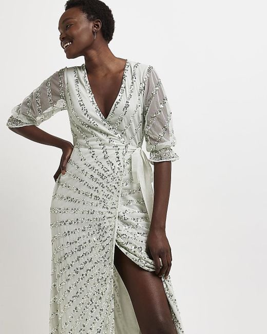 River Island Sequin Wrap Maxi Dress in Green (Grey) Lyst Canada