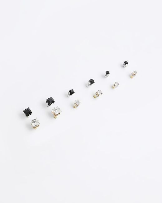 River Island White 9pk Black Diamante Stud Earrings for men