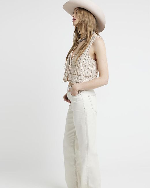 River Island White Glitter Relaxed Straight Jeans