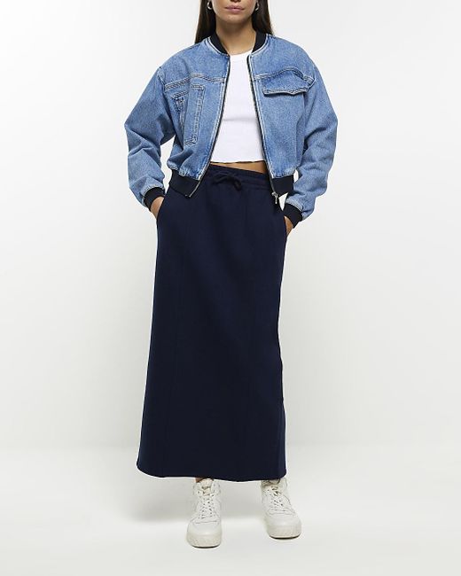 River Island Blue Navy Sweat Midi Skirt