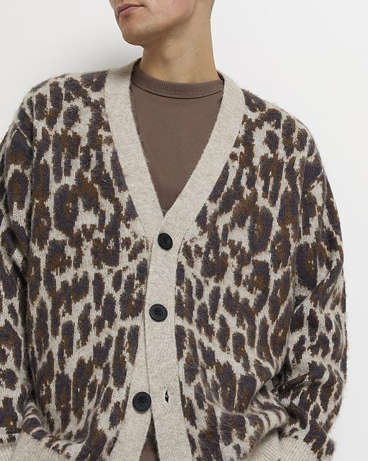 River Island Brown Ecru Oversized Fit Leopard Brushed Cardigan for men