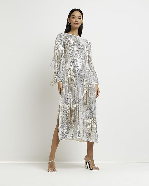 River Island White Floral Sequin Long Sleeve Midi Dress