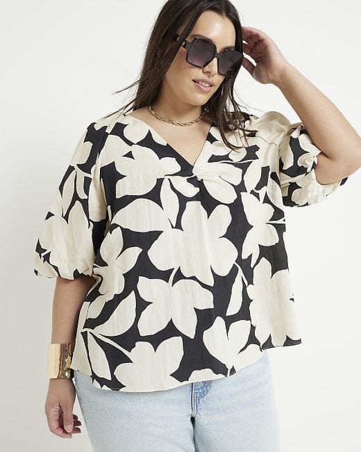 River Island Brown Plus Black Floral Puff Sleeve Blouse