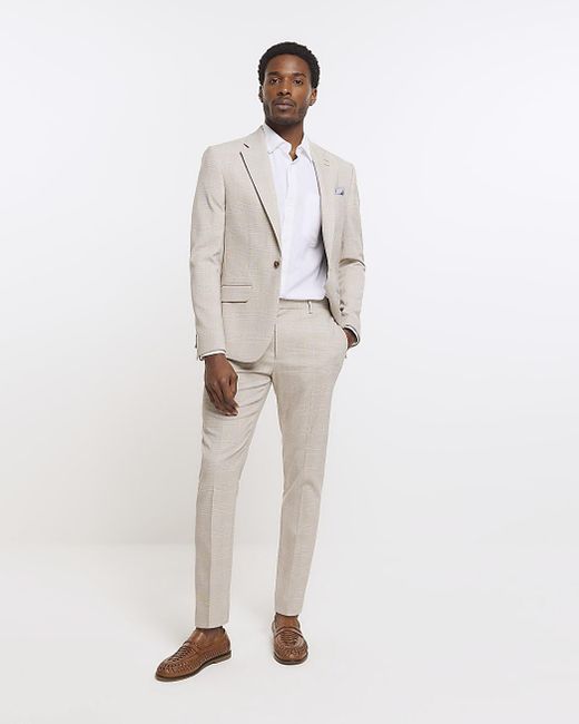 River Island White Stone Check Suit Trousers for men