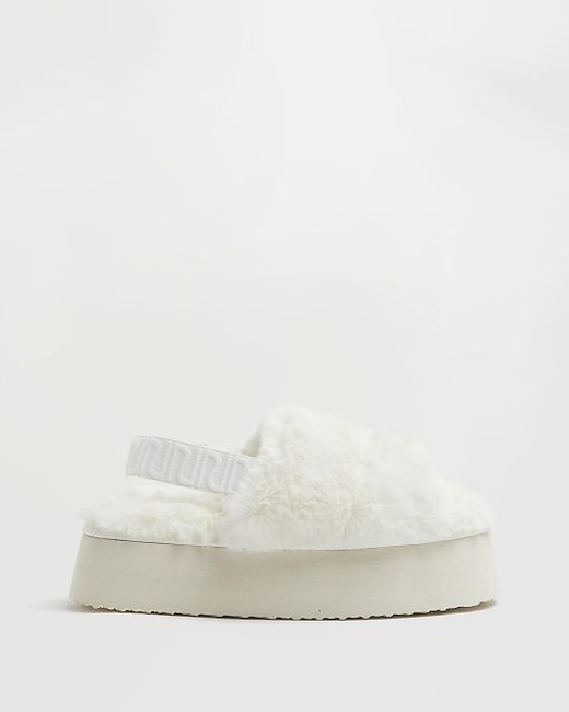 River Island Cream Ri Faux Fur Flatform Slippers in White | Lyst