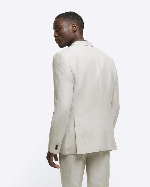 River Island Gray Beige Slim Fit Linen Blend Suit Jacket for men