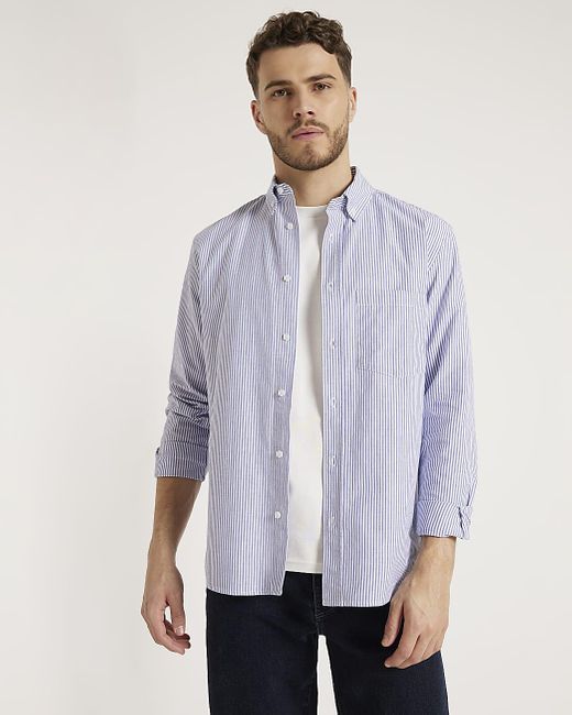 River Island Blue Regular Fit Striped Oxford Shirt for men