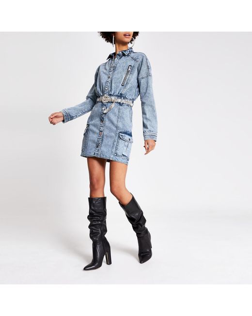 Diamante Belted Mini Denim Dress 