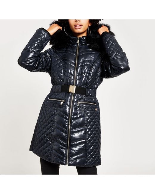 River Island Blue High Shine Fitted Padded Jacket