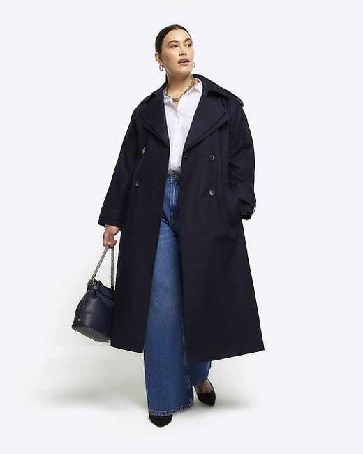 River Island Blue Double Collar Belted Trench Coat