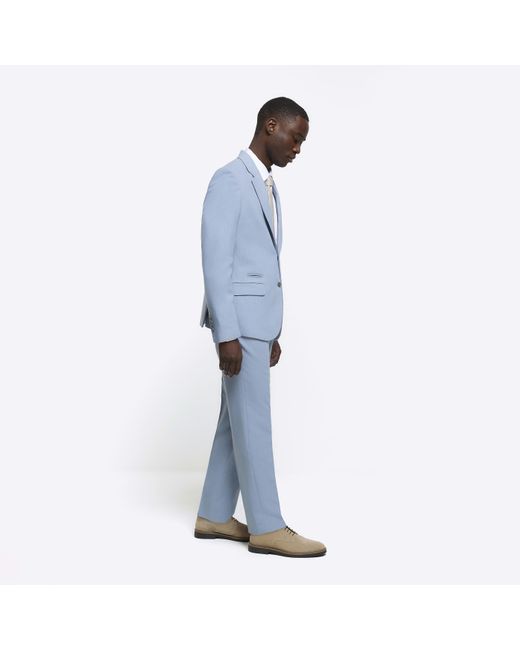 River Island Blue Slim Fit Textured Suit Trousers for men