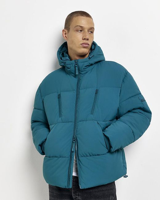 River Island Green Hooded Puffer Jacket in Blue for Men | Lyst