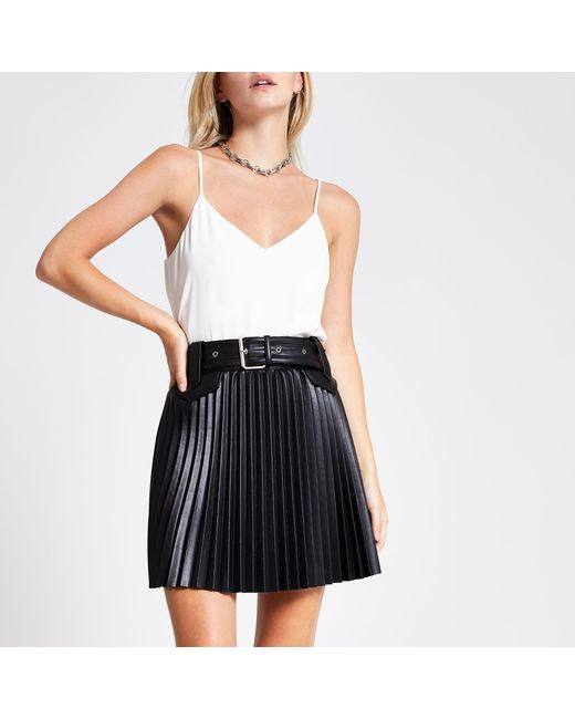 River Island Black Petite Pleated Faux Leather Mini Skirt